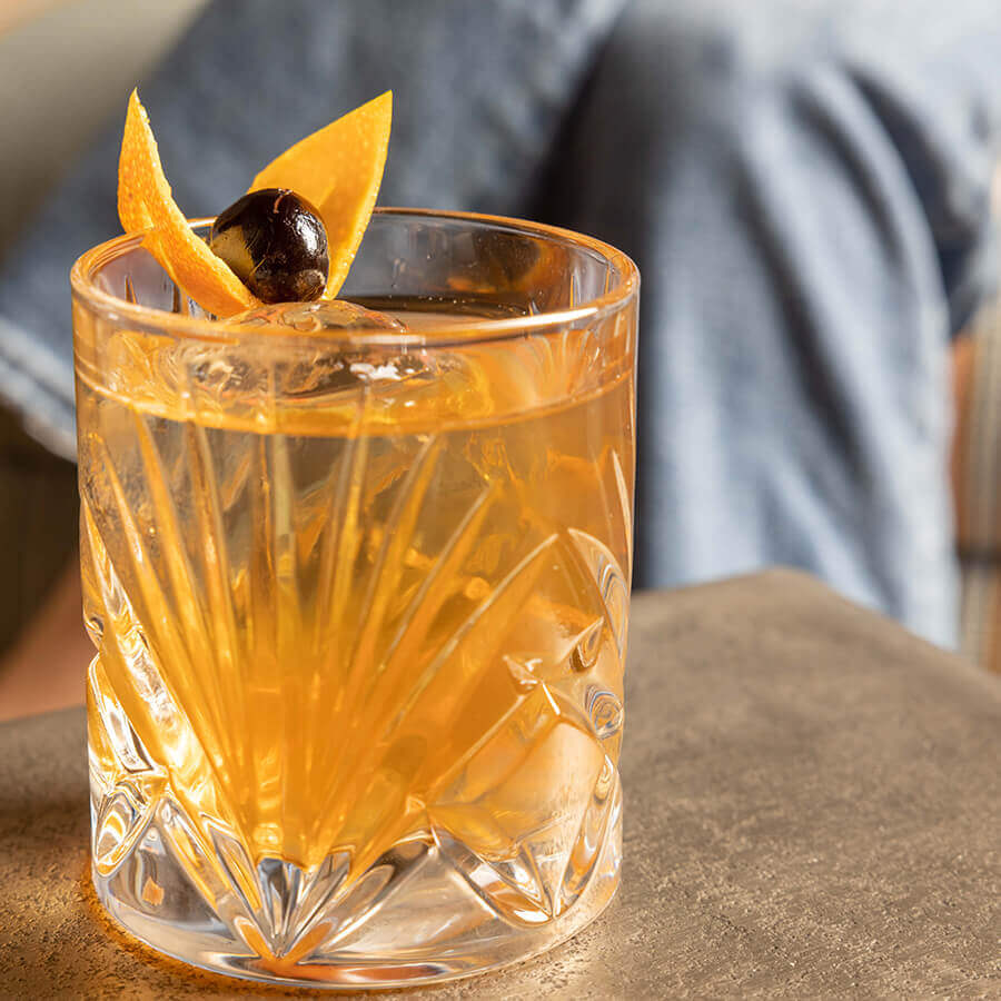 Old Fashioned cocktail in etched glass at Furnace Street Distillery